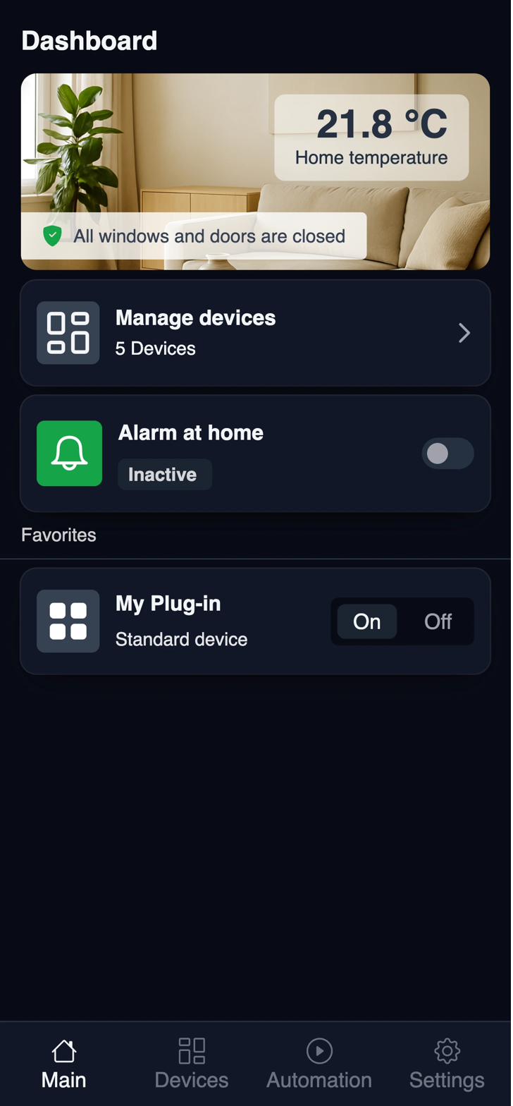 Sparrow Home dashboard showing live home temperature, device status, and quick controls for connected devices